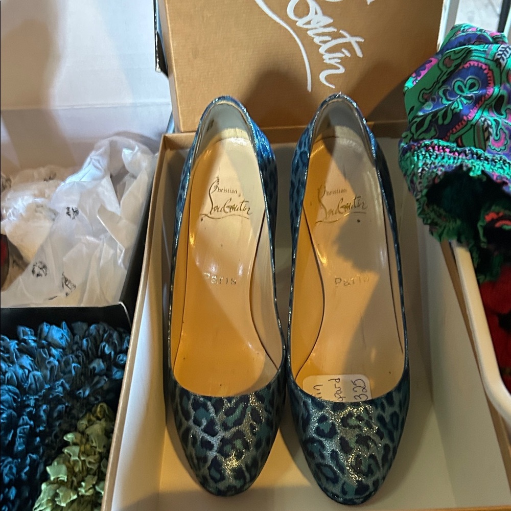 Christian Louboutin Teal Leopard Print Heels size 38